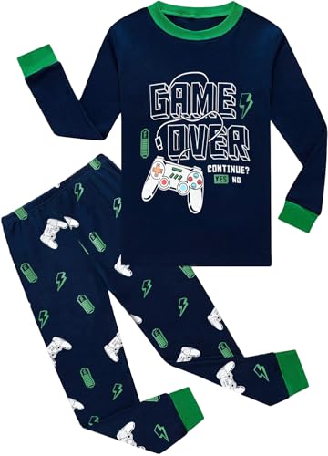 CM-Kid Schlafanzug Jungen Lang Kinder Pyjama Set Warm Zweiteiliger Nachtwäsche 6 7 Jahre Fluoreszenz Game Dunkelblau Gr.122 von CM-Kid