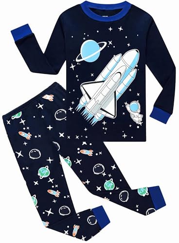 CM-Kid Schlafanzug Jungen Lang Kinder Pyjama Set Warm Zweiteiliger Nachtwäsche 6 7 Jahre Fluoreszenz Rakete Dunkelblau Gr.122 von CM-Kid