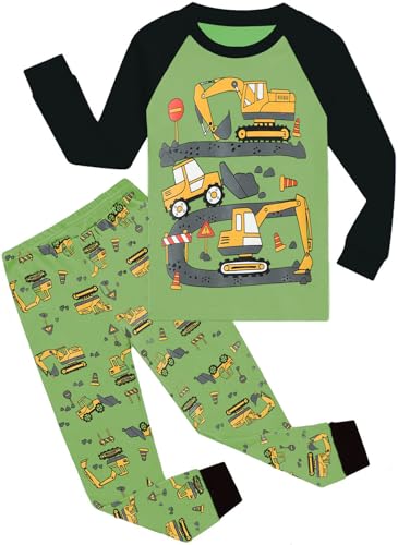 CM-Kid Schlafanzug Jungen Lang Pyjamas Set Raglan Baby Kinder Baumwolle Warm Winter Nachtwäsche 1 2 Jahre Bagger Grün Gr.92 von CM-Kid