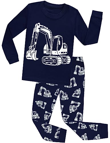 CM-Kid Schlafanzug Jungen Langarm Kinder Pyjama Set Baumwolle Warm Winter 5 6 Jahre Fluoreszenz Bagger Dunkelblau Gr.116 von CM-Kid