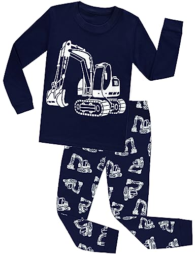 CM-Kid Schlafanzug Jungen Langarm Pyjama Set Kinder Baumwolle Warm Nachtwäsche 5 6 Jahre Fluoreszenz Bagger Dunkelblau Gr.116 von CM-Kid