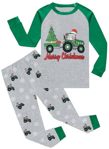 CM-Kid Schlafanzug Jungen Weihnachten Pyjamas Set Lang Kinder Baumwolle Winter Warm Nachtwäsche 4 5 Jahre Traktor Grau Gr.110 von CM-Kid