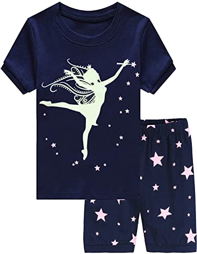 CM-Kid Schlafanzug Mädchen Kurzarm Kinder Shorty Pyjama Set Sommer 5 6 Jahre Fluoreszenz Tänzerin Dunkelblau Gr.116 von CM-Kid