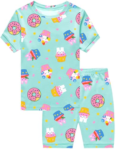 CM-Kid Schlafanzug Mädchen Kurzarm Kinder Shorty Pyjama Set Sommer Nachtwäsche 5 6 Jahre Cupcake Blaugrün Gr.116 von CM-Kid