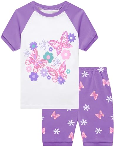 CM-Kid Schlafanzug Mädchen Kurzarm Kinder Shorty Pyjama Set Sommer Nachtwäsche 5 6 Jahre Schmetterling Lila Gr.116 von CM-Kid