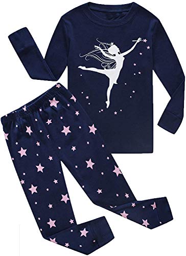 CM-Kid Schlafanzug Mädchen Lang Kinder Pyjama Set Baumwolle Winter 4 5 Jahre Fluoreszenz Tanzendes Mädchen Dunkelblau Gr.110 von CM-Kid
