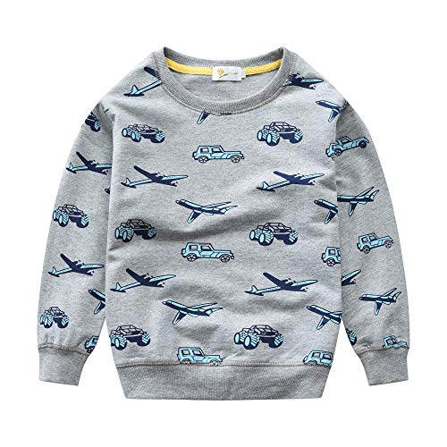 CM-Kid Sweatshirt Jungen Langarmshirt Kinder Pullover Frühling Herbst Winter Baumwolle 3 4 Jahre Flugzeug Auto Grau Gr.104 von CM-Kid