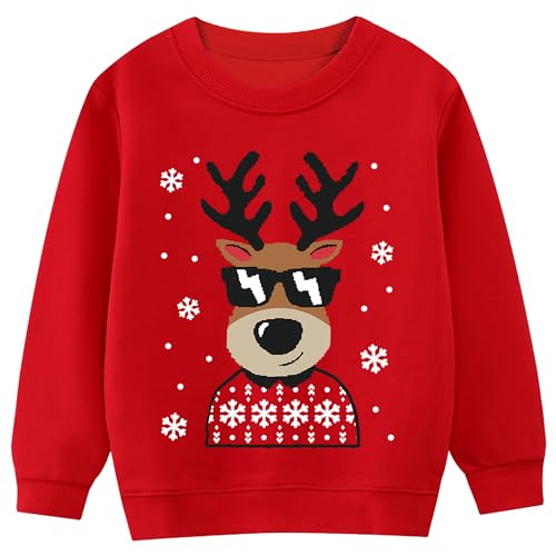 CM-Kid Sweatshirts Jungen Weihnachten Langarm Pullover Kinder Baumwolle Shirts Winter Warm Tops 2 3 Jahre Rentier Rot Gr.98 von CM-Kid