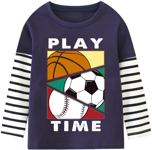Jungen Langarmshirt Langarm Shirt Kinder Pullover Fußball Basketball Tennis Tops 3 4 Jahre Ball Dunkelblau Gr.104 von CM-Kid