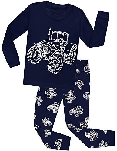 CM-Kid Schlafanzug Jungen Lang Kinder Pyjama Set Baumwolle Warm Herbst Winter 1 2 Jahre Fluoreszenz Traktor Dunkelblau Gr.92 von CM-Kid