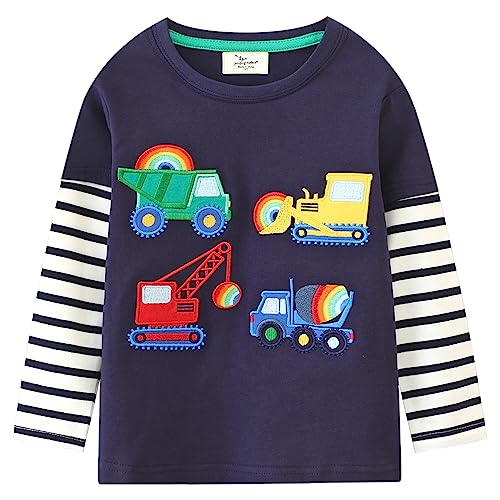 Langarmshirt Baby Jungen Langarm Kinder Pullover Shirt Bulldozer Tops 2 3 Jahre Bagger Truck Dunkelblau Gr.98 von CM-Kid