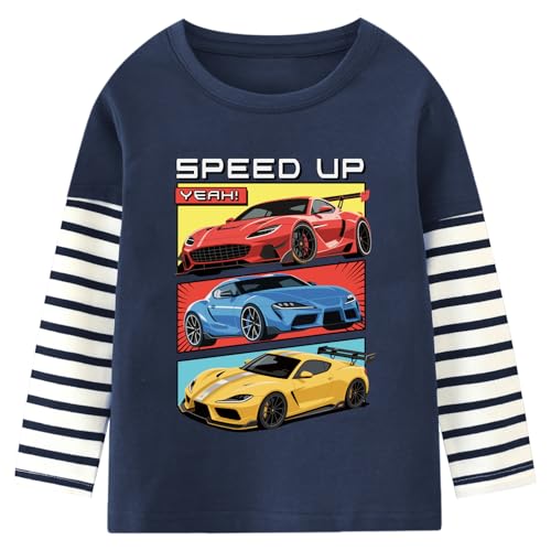 Langarmshirt Baby Jungen Langarm Kinder Pullover Shirts Tops 2 3 Jahre Rennwagen Auto Dunkelblau Gr.98 von CM-Kid