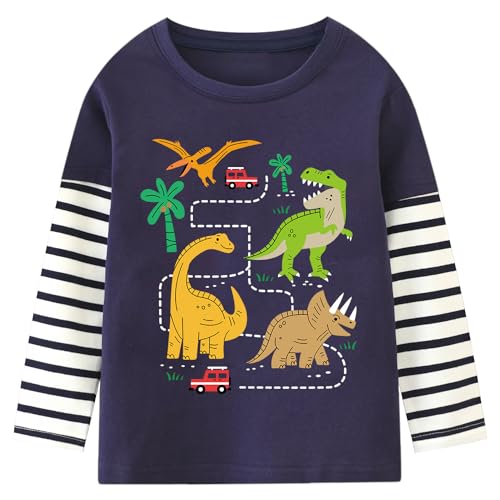 Langarmshirt Jungen Langarm Shirts Kinder Pullover Tops 6 7 Jahre Dinosaurier Dunkelblau Gr.122 von CM-Kid
