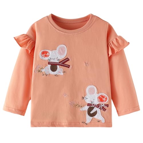 Mädchen Langarm T-Shirt Kinder Bedruckte Oberteile Frühling Herbst Orange Mäuse Motiv Kleidung Rundhals Tops Gr.122-128 von CM-Kid