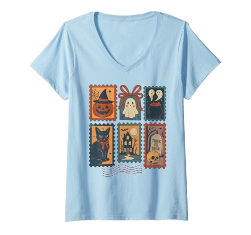 Damen Halloween 2025 Briefmarken Vintage Kokette Schleife T-Shirt mit V-Ausschnitt Damen Halloween 2025 Briefmarken Vintage Kokette Schleife T-Shirt mit V-Ausschnitt von CMA POD