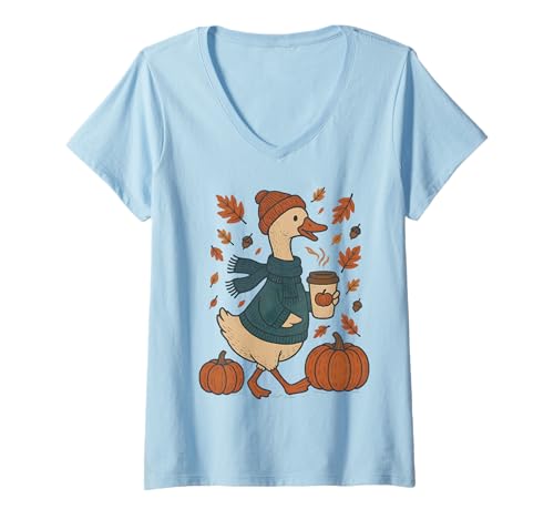 Damen Kürbis Kaffee Fröhliche Herbstgans T-Shirt mit V-Ausschnitt Damen Kürbis Kaffee Fröhliche Herbstgans T-Shirt mit V-Ausschnitt von CMA POD