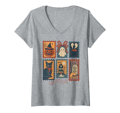 Damen Niedliche Halloween Damen T-Shirt mit V-Ausschnitt Damen Niedliche Halloween Damen T-Shirt mit V-Ausschnitt von CMA POD