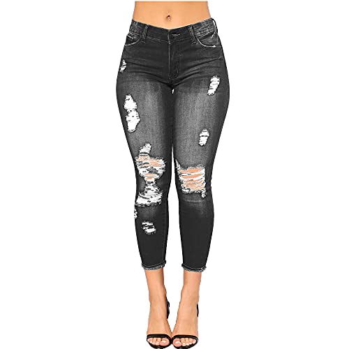 CME SHOWU Damen Skinny Ripped Jeans Stretch Distressed Destroyed Denim Hose, schwarz, XX-Large von CME SHOWU