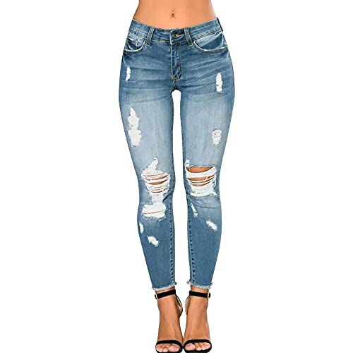 CME SHOWU Damen Skinny Ripped Jeans Stretch Distressed Destroyed Denim Hose - Blau - Groß von CME SHOWU