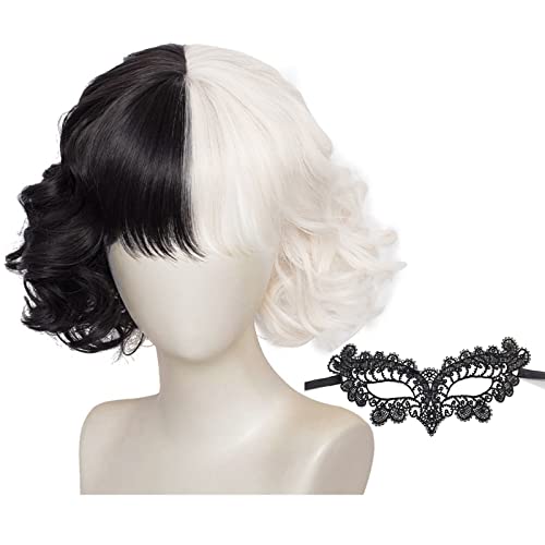 CMJBUHR Halb Schwarz Halb Weiß PerüCke, Kurze Schwarz WeißE PerüCke, Schwarze und WeißE PerüCke Kurz Gewellt Schwarz Weiß, Cosplay Party Wig für Karneval und Party Fancy Dress von CMJBUHR