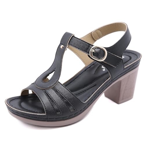 CMJSGG Damen Sandalen Klobig High Heel Quadratische Offene with Ankle Strap für Kleider Party Schuhe Zehe Slingback Heel Sandalen(Color:Black,Size:36 EU) von CMJSGG