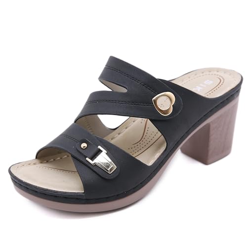 CMJSGG Knöchelriemchen Blockabsatz Schuhe Sandaletten für Hochzeitsfeier Damen offenen Zehen High Heels Sandalen(Color:Black,Size:36 EU) von CMJSGG