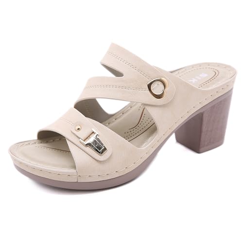 CMJSGG Knöchelriemchen Blockabsatz Schuhe Sandaletten für Hochzeitsfeier Damen offenen Zehen High Heels Sandalen(Color:Brown,Size:37 EU) von CMJSGG