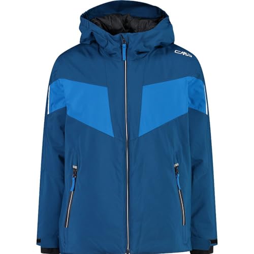 CMP Boys Jacket Fix Hood Twill Colorblock-Blau - Isolierte atmungsaktive Jungen Skijacke, Größe 140 - Farbe Petrol von CMP
