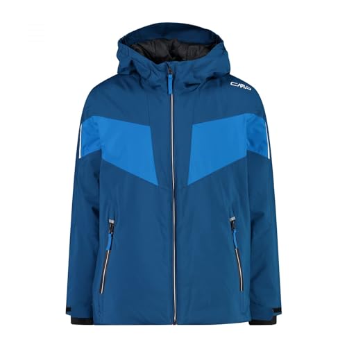 CMP Boys Jacket Fix Hood Twill Colorblock-Blau - Isolierte atmungsaktive Jungen Skijacke, Größe 152 - Farbe Petrol von CMP