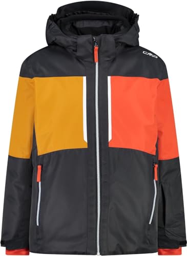 CMP Boys Jacket Snaps Hood Twill Colorblock-Grau-Orange - Isolierte atmungsaktive Jungen Skijacke, Größe 128 - Farbe Ant von CMP