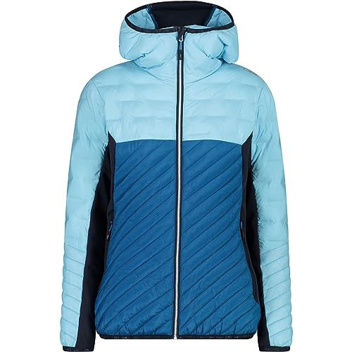 CMP W Jacket Hybrid Fix Hood Mini Ripstop Colorblock-Blau - Daunen Wasserabweisende robuste Damen Isolationsjacke, Größe von CMP