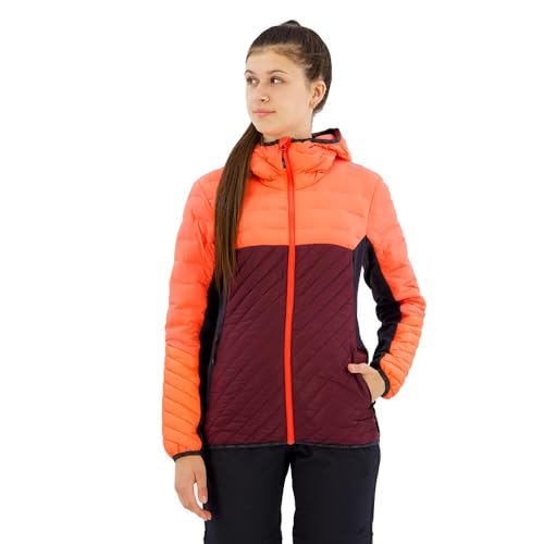 CMP W Jacket Hybrid Fix Hood Mini Ripstop Colorblock-Orange-Rot - Daunen Wasserabweisende robuste Damen Isolationsjacke, von CMP