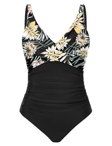 CMTOP Badeanzug Damen Bauchweg V Ausschnitt Einteiliger Badeanzüge Pushup Schlankheits Bademode One Piece Rüschen Bauchkontrolle Schwimmanzug Ruched Swimsuit Strandmode mit Bügel(Blümchenmuster 2,M) von CMTOP