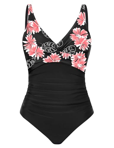 CMTOP Badeanzug Damen Bauchweg V Ausschnitt Einteiliger Badeanzüge Pushup Schlankheits Bademode One Piece Rüschen Bauchkontrolle Schwimmanzug Ruched Swimsuit Strandmode mit Bügel(Blümchenmuster 3,M) von CMTOP