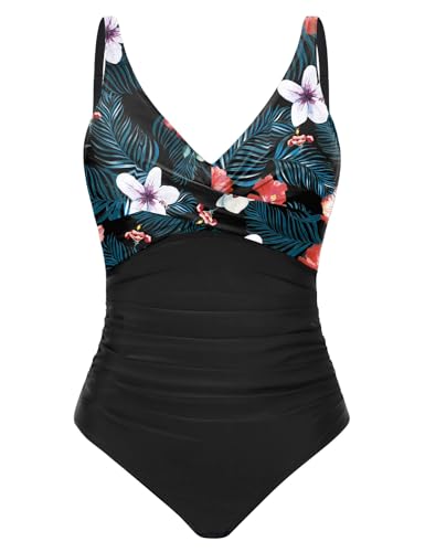 CMTOP Badeanzug Damen Bauchweg V Ausschnitt Einteiliger Badeanzüge Pushup Schlankheits Bademode One Piece Rüschen Bauchkontrolle Schwimmanzug Ruched Swimsuit Strandmode mit Bügel(Blümchenmuster 1,S) von CMTOP