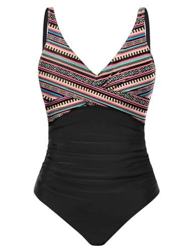 CMTOP Badeanzug Damen Bauchweg V Ausschnitt Einteiliger Badeanzüge Pushup Schlankheits Bademode One Piece Rüschen Bauchkontrolle Schwimmanzug Ruched Swimsuit Strandmode mit Bügel(Bohème-Streifen,S) von CMTOP