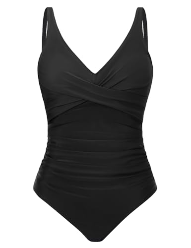 CMTOP Badeanzug Damen Bauchweg V Ausschnitt Einteiliger Badeanzüge Pushup Schlankheits Bademode One Piece Rüschen Bauchkontrolle Schwimmanzug Ruched Swimsuit Strandmode mit Bügel(Schwarz,S) von CMTOP