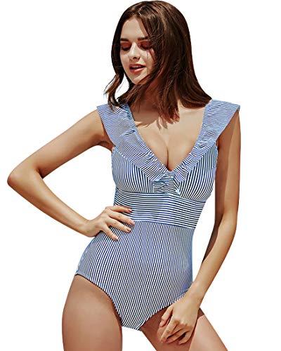 CMTOP Badeanzug Damen Rüschen V Ausschnitt，Einteiliger Badeanzüge Monokini Bauchweg Schwimmanzug Streifen Blumenmuster,Push up Rückenfrei Sport Beachwear Volants Bademode-Blau-M von CMTOP