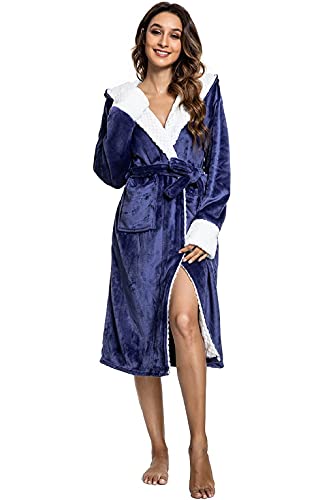 CMTOP Bademantel Damen Nachtwäsche Morgenmantel Kimono Saunamantel Mikrofaser weich Bademantel mit Kapuze, 2 Taschen, Gürtel(Marine ,Einheitsgröße ) von CMTOP
