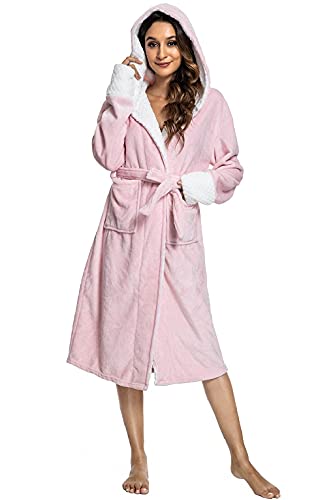CMTOP Bademantel Damen Nachtwäsche Morgenmantel Kimono Saunamantel Mikrofaser weich Bademantel mit Kapuze, 2 Taschen, Gürtel(Rosa,Einheitsgröße) von CMTOP