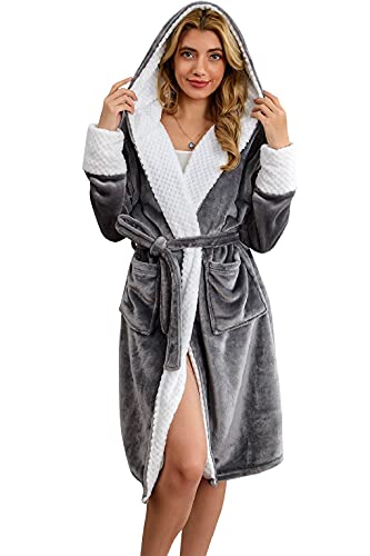 CMTOP Bademantel Damen Nachtwäsche Morgenmantel Kimono Saunamantel Mikrofaser weich Bademantel mit Kapuze, 2 Taschen, Gürtel(grau,Einheitsgröße) von CMTOP