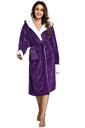 CMTOP Bademantel Damen Nachtwäsche Morgenmantel Kimono Saunamantel Mikrofaser weich Bademantel mit Kapuze, 2 Taschen, Gürtel von CMTOP