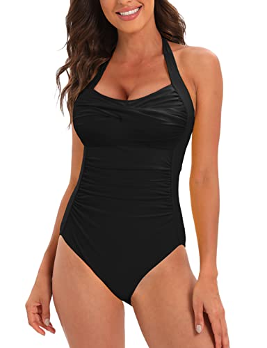 CMTOP Bademode Damen Badeanzug Neckholder Bauchweg Einteilige Swimsuit Sommer Strandmode(Schwarz,M) von CMTOP