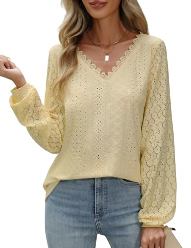 CMTOP Bluse Damen Elegant V Ausschnitt Langarm Tunika Oberteil Lässig Langarmshirt Blusenshirt Tops Locker Spitzenärmel Hemdbluse Damenblusen von CMTOP