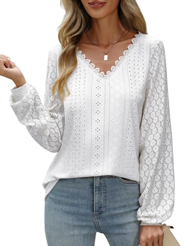 CMTOP Bluse Damen Elegant V Ausschnitt Langarm Tunika Oberteil Lässig Langarmshirt Blusenshirt Tops Locker Spitzenärmel Hemdbluse Damenblusen von CMTOP