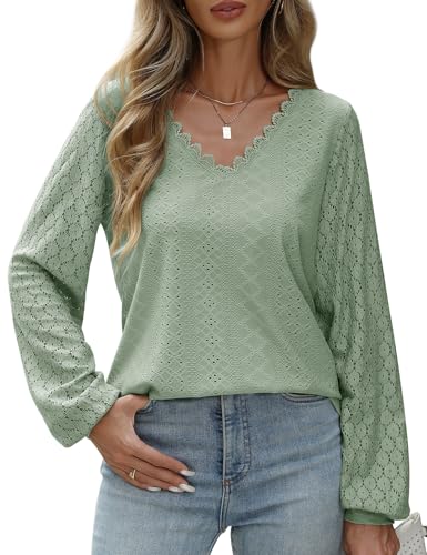 CMTOP Bluse Damen Elegant V Ausschnitt Langarm Tunika Oberteil Lässig Langarmshirt Blusenshirt Tops Locker Spitzenärmel Hemdbluse Damenblusen von CMTOP