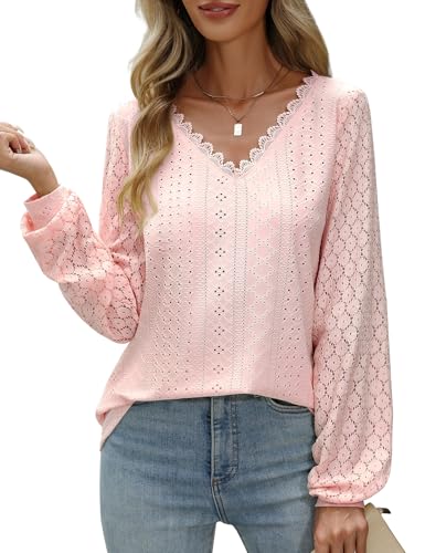 CMTOP Bluse Damen Elegant V Ausschnitt Langarm Tunika Oberteil Lässig Langarmshirt Blusenshirt Tops Locker Spitzenärmel Hemdbluse Damenblusen von CMTOP