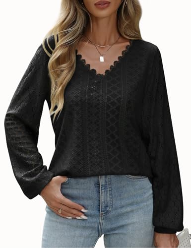 CMTOP Bluse Damen Elegant V Ausschnitt Langarm Tunika Oberteil Lässig Langarmshirt Blusenshirt Tops Locker Spitzenärmel Hemdbluse Damenblusen von CMTOP