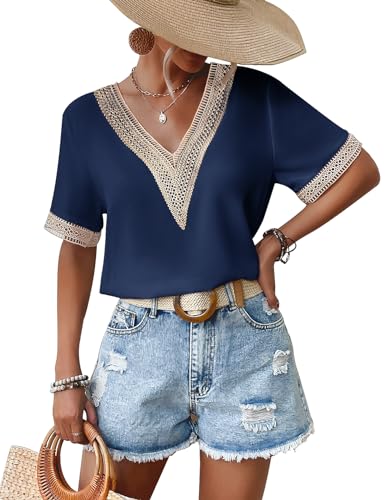 CMTOP Bluse Damen Kurzarm Sommer Blusenshirt Elegant Spitzen Oberteile V-Ausschnitt Tshirt Casual Locker Blouse Basic Tops Einfarbig Hemd(Marineblau, S) von CMTOP