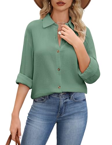 CMTOP Bluse Damen Musselin Hemdbluse Oversized Langarmshirt Baumwolle Oberteile Elegant V-Ausschnitt Longbluse Lässig Knöpfen Locker Tuniken (Grün, M) von CMTOP